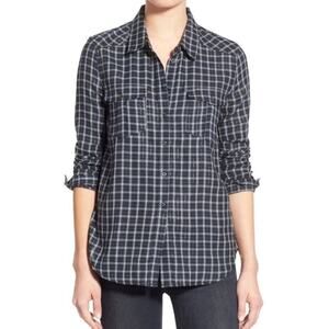 PAIGE blouse Mya rosette blue plaid metallic thread button down top Medium